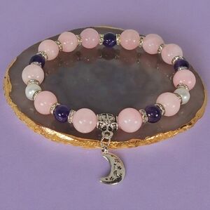 Morganite Amethyst Pearl Bracelet with Crescent Moon Charm Coquette Ballatecore